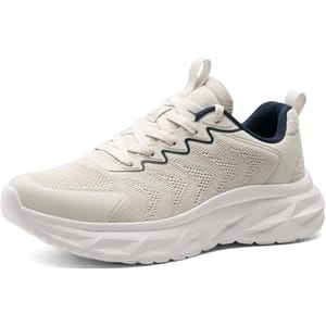 Men's walking sneakers featuring a beige knit upper with navy accents, a cushioned white sole, lace-up design, and pull tabs at the tongue and heel.