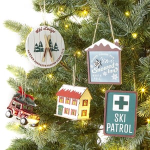 A collection of Christmas tree ornaments including a ski lodge sign, a Snowed Inn cabin plaque, a small house, a red car with a tree on top, and a Ski Patrol badge.