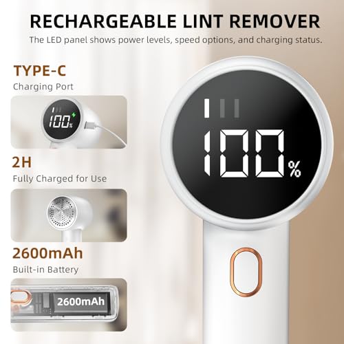 Rechargeable lint remover with a Type-C charging port, 2-hour full charge, LED display for power levels, and a 2600mAh built-in battery.