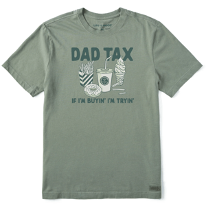 Olive green T-shirt with \“DAD TAX IF I'M BUYIN' I'M TRYIN'\“ text, featuring illustrations of fries, a donut, a drink, and an ice cream cone.
