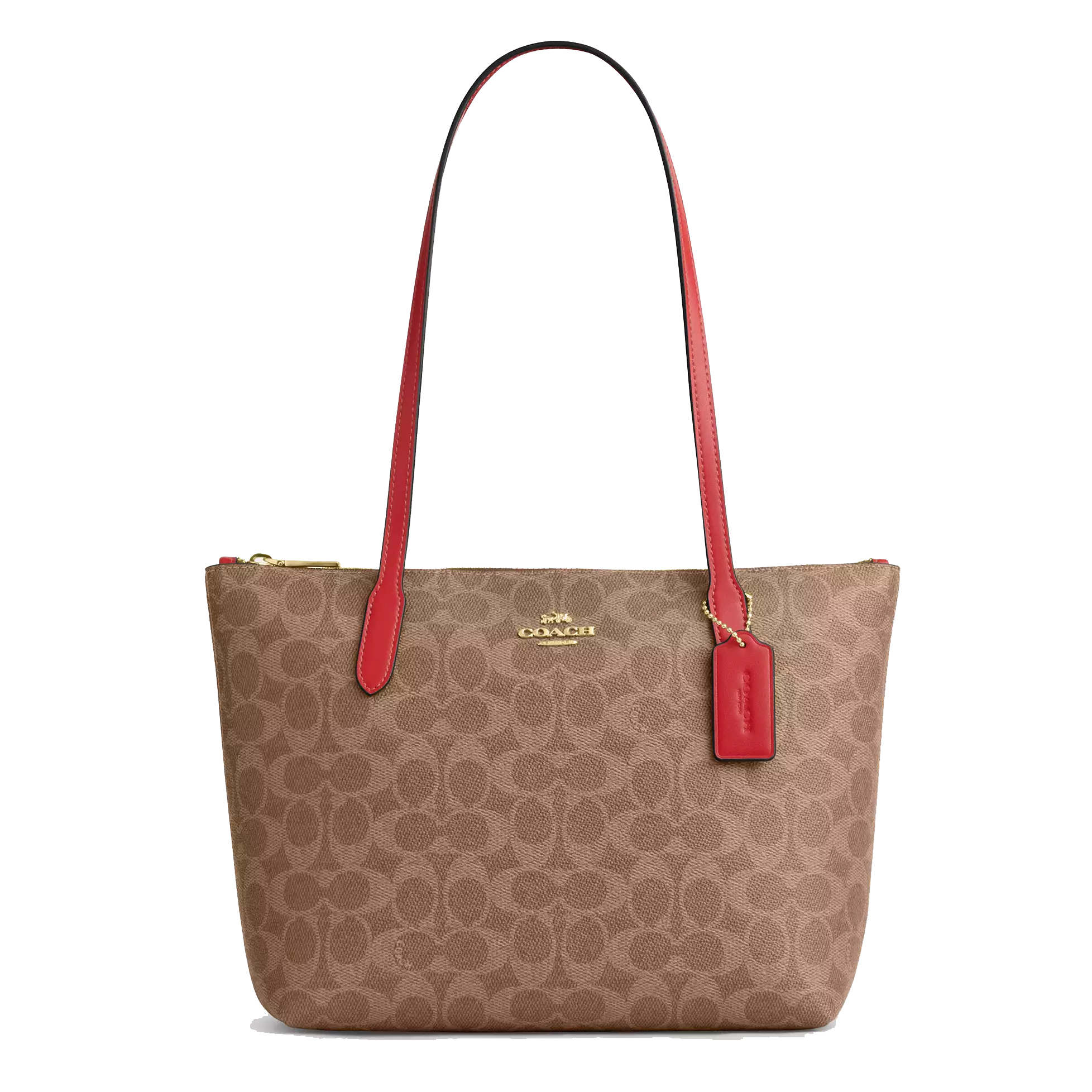 Brown Coach tote bag with red handles and accents featuring a gold Coach logo and a signature pattern.