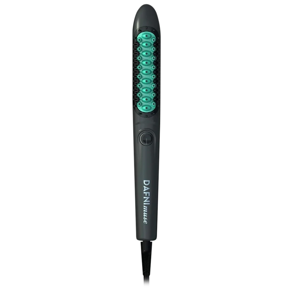 The Conair Dafni Hot Brush is a heated styling tool with a black handle and teal-tipped bristles, designed for straightening hair efficiently while maintaining volume. It features a single control button on the handle.