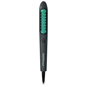The Conair Dafni Hot Brush is a heated styling tool with a black handle and teal-tipped bristles, designed for straightening hair efficiently while maintaining volume. It features a single control button on the handle.