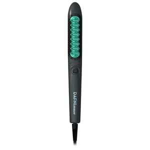 The Conair Dafni Hot Brush is a heated styling tool with a black handle and teal-tipped bristles, designed for straightening hair efficiently while maintaining volume. It features a single control button on the handle.