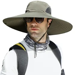 A person is wearing a wide-brimmed sun hat with chin strap, sunglasses, and a patterned neck gaiter. They have a backpack on, over a white shirt.