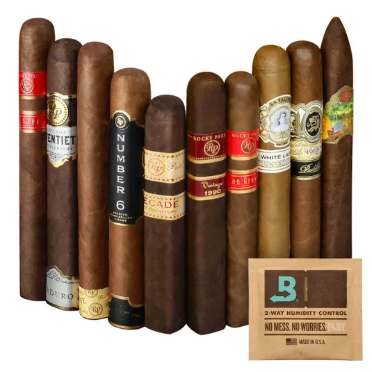 A selection of cigars with various labels is shown alongside a 2-way humidity control pouch, ensuring proper storage conditions.