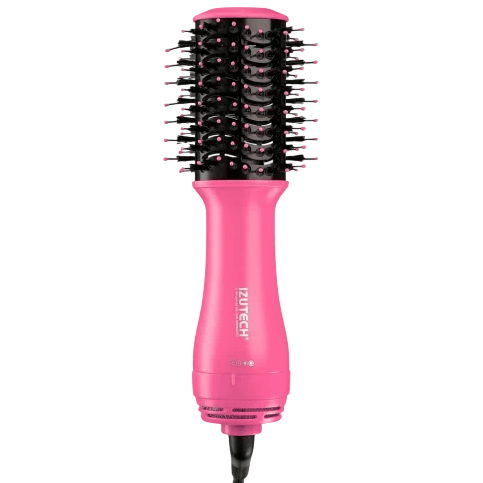 A pink IZUTECH hair dryer brush designed for styling, featuring a cylindrical barrel with bristles for volumizing and smoothing hair.