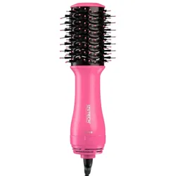 A pink IZUTECH hair dryer brush designed for styling, featuring a cylindrical barrel with bristles for volumizing and smoothing hair.