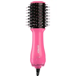 A pink IZUTECH hair dryer brush designed for styling, featuring a cylindrical barrel with bristles for volumizing and smoothing hair.