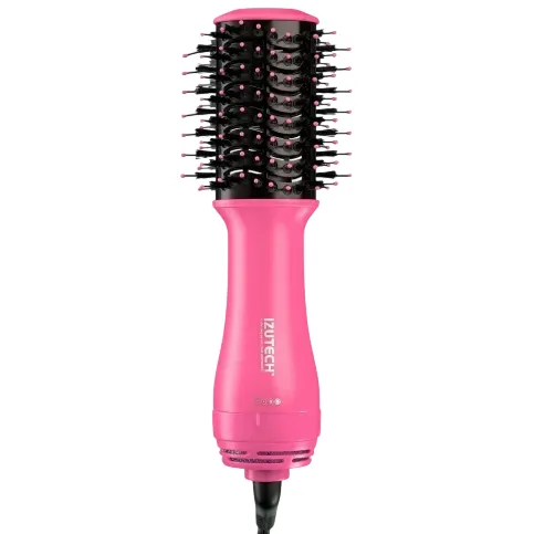 A pink IZUTECH hair dryer brush designed for styling, featuring a cylindrical barrel with bristles for volumizing and smoothing hair.