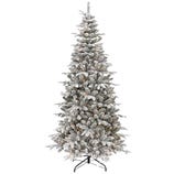 Artificial snow-covered Christmas tree with built-in lights and a metal stand.