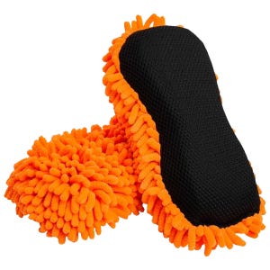A pair of orange microfiber mitts with black on the backside.