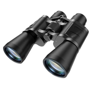 A pair of black high-definition binoculars with large objective lenses, a central focusing wheel, and a durable, rugged design.