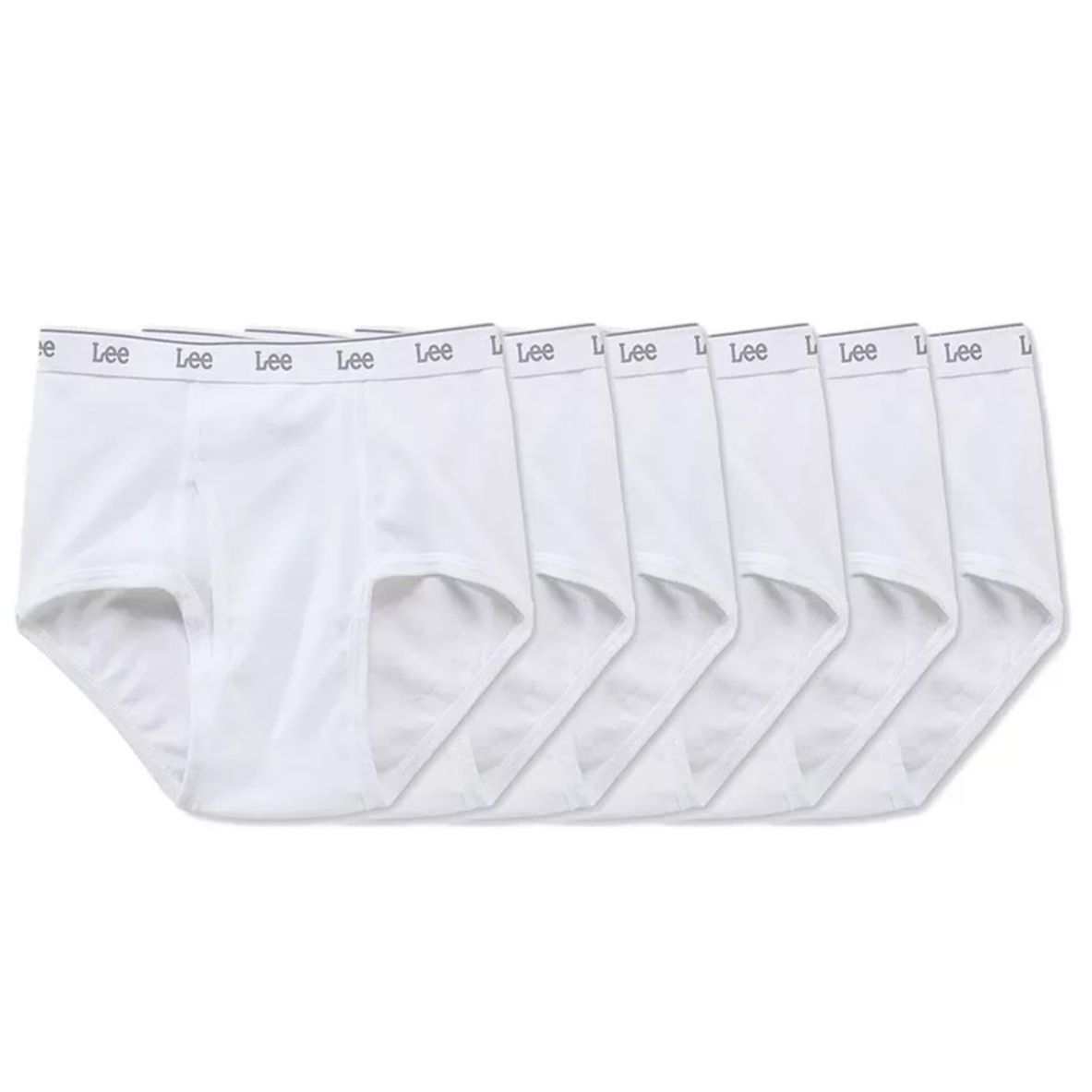 Pack of six white briefs with \“Lee\“ logo on the waistband.