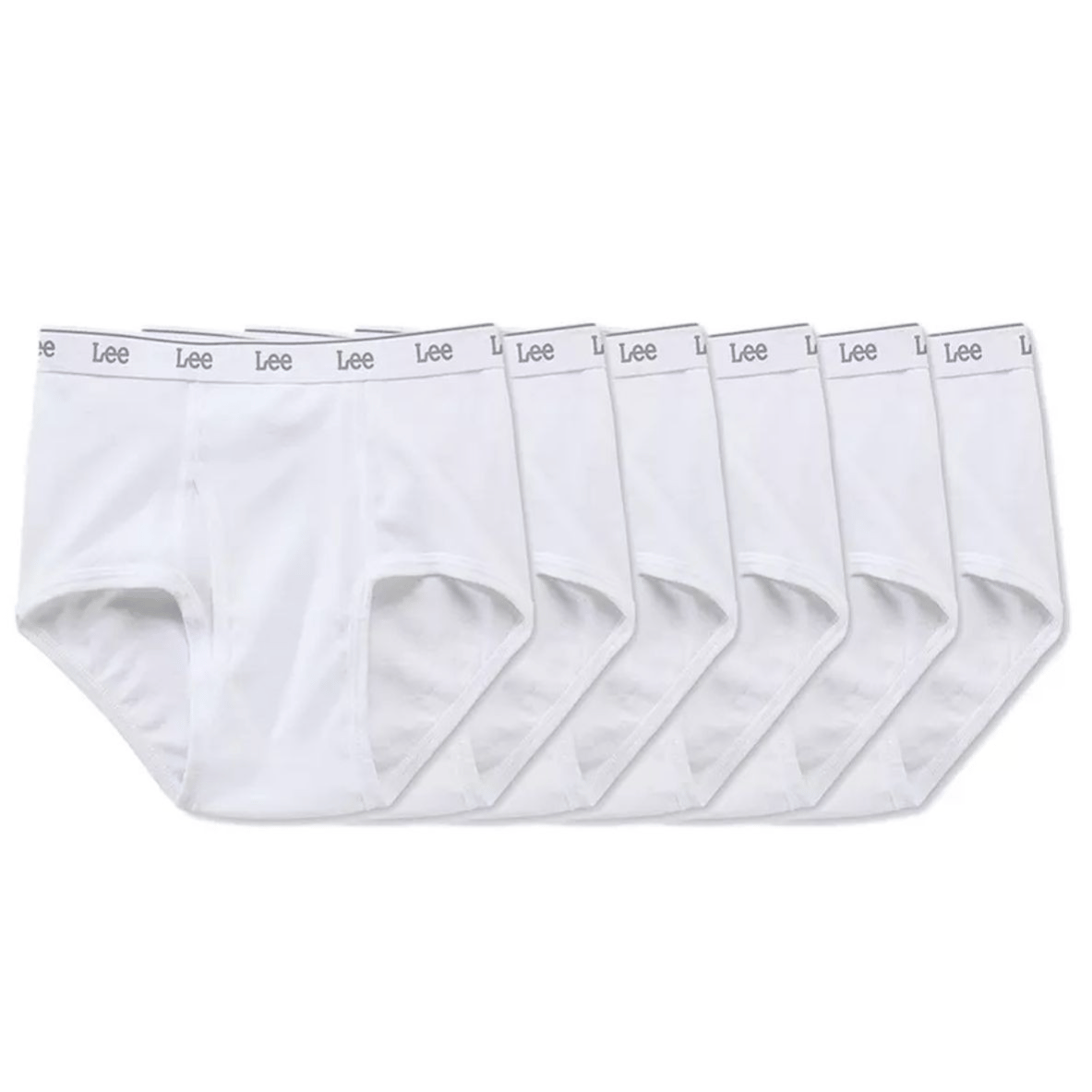 Pack of six white briefs with \“Lee\“ logo on the waistband.