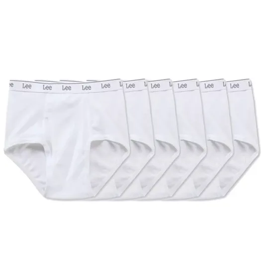 Pack of six white briefs with \“Lee\“ logo on the waistband.