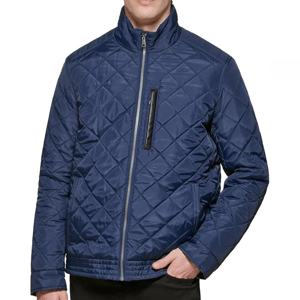 A navy blue quilted jacket with a front zip closure and a stand-up collar, featuring a sleek chest zip pocket and side pockets.