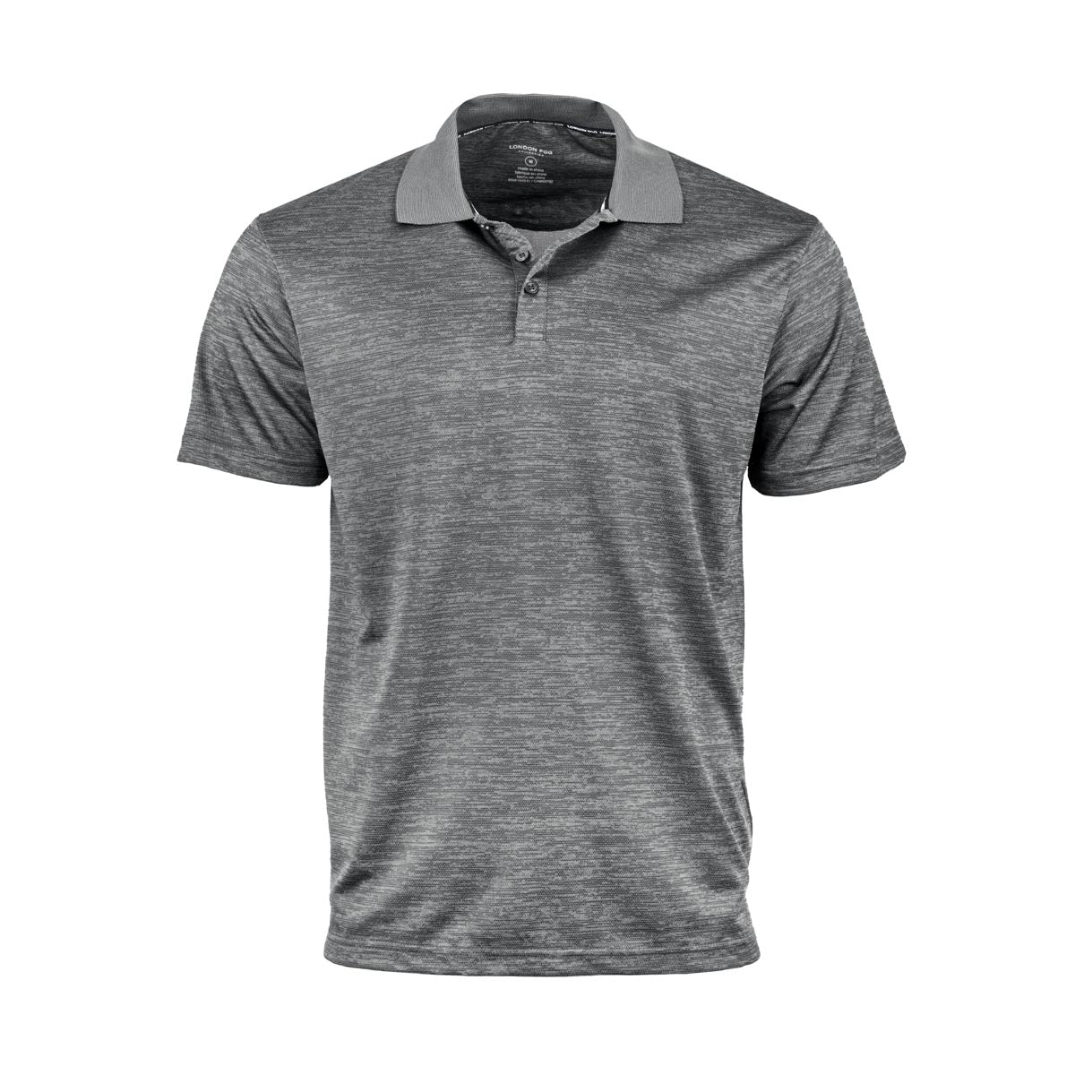 A heather gray short-sleeve polo shirt with a contrasting gray collar and a three-button placket.