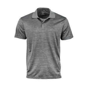 A heather gray short-sleeve polo shirt with a contrasting gray collar and a three-button placket.