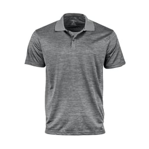 A heather gray short-sleeve polo shirt with a contrasting gray collar and a three-button placket.