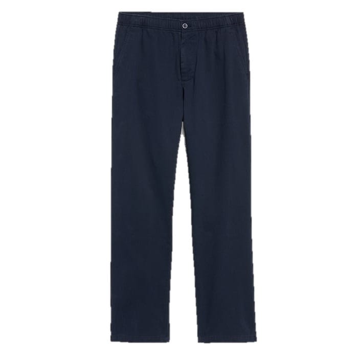 A pair of navy blue casual pants with an elastic waistband and button closure.