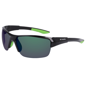 Columbia Polarized Wrap Sunglasses feature a sleek black frame with green accents and mirrored lenses for glare reduction. Ideal for outdoor activities, offering both style and functionality.