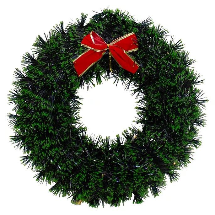 A green Christmas wreath adorned with a red bow.