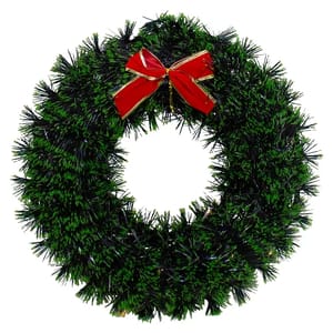 A green Christmas wreath adorned with a red bow.