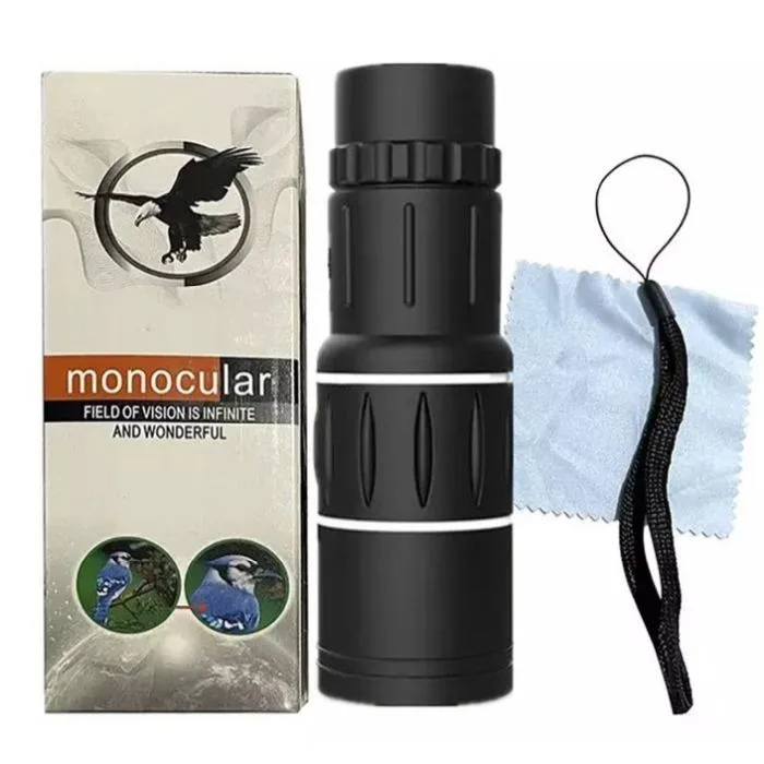 Monocular with packaging, cleaning cloth, and wrist strap. The box displays \“monocular\“ and features a bird illustration, with the text \“Field of vision is infinite and wonderful.\“