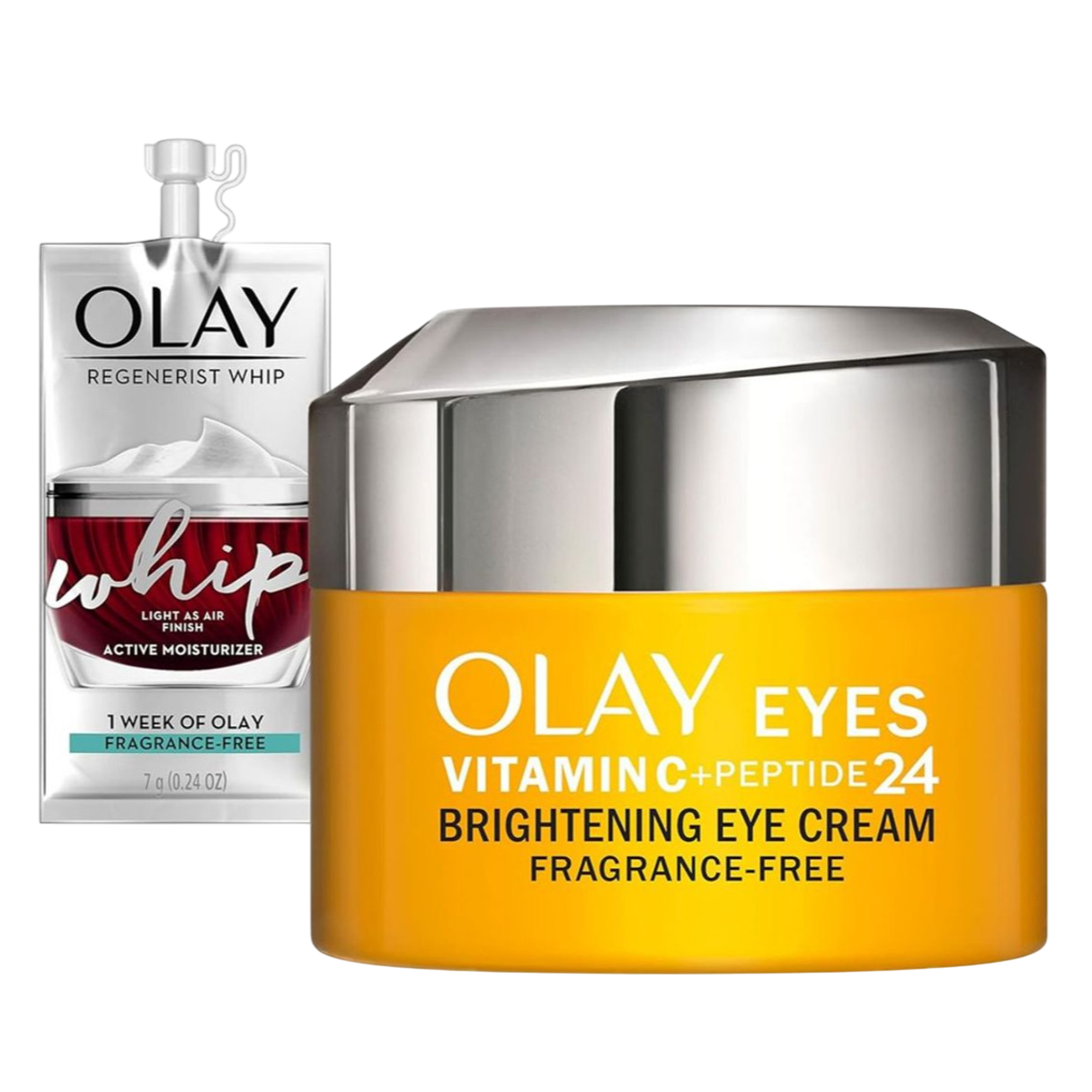 Olay products: Regenerist Whip Active Moisturizer in a red packet and a jar of Olay Eyes Vitamin C + Peptide 24 Brightening Eye Cream, both fragrance-free.
