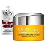 Olay products: Regenerist Whip Active Moisturizer in a red packet and a jar of Olay Eyes Vitamin C + Peptide 24 Brightening Eye Cream, both fragrance-free.