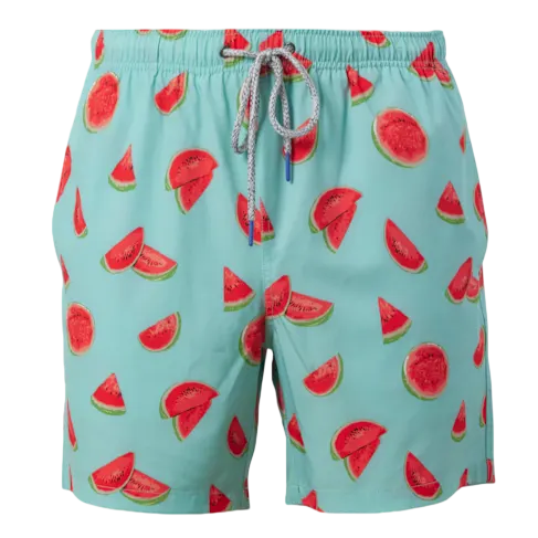 Light blue swim shorts with a watermelon slice pattern and a drawstring waistband.