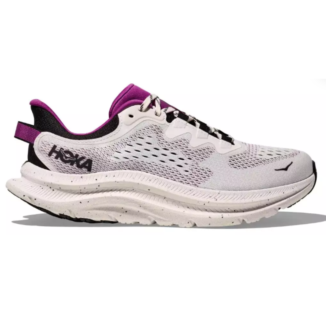 Hoka athletic shoe with a white and purple color scheme features a breathable mesh upper, cushioned sole, and Hoka branding.