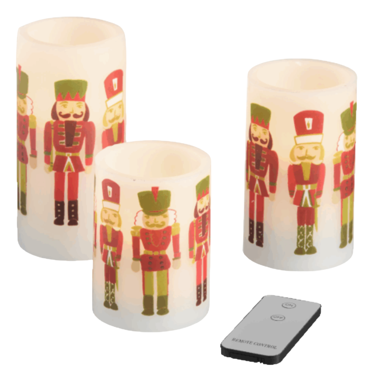 Three LED candles with nutcracker designs are displayed, accompanied by a remote control for easy operation.