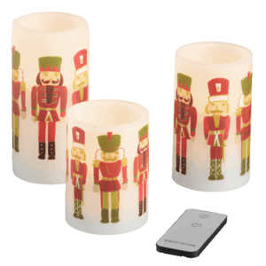 Three LED candles with nutcracker designs are displayed, accompanied by a remote control for easy operation.