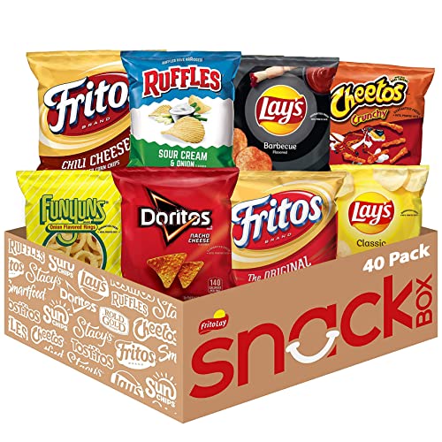 This is a variety pack of Frito-Lay snacks, including bags of Doritos, Cheetos, Fritos, Lay's, Ruffles, and Funyuns. It displays 40 individual packets arranged in a cardboard box.