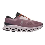 A purple On running shoe featuring Cloudtec technology, with orange laces and a black collar. Made using Swiss engineering.