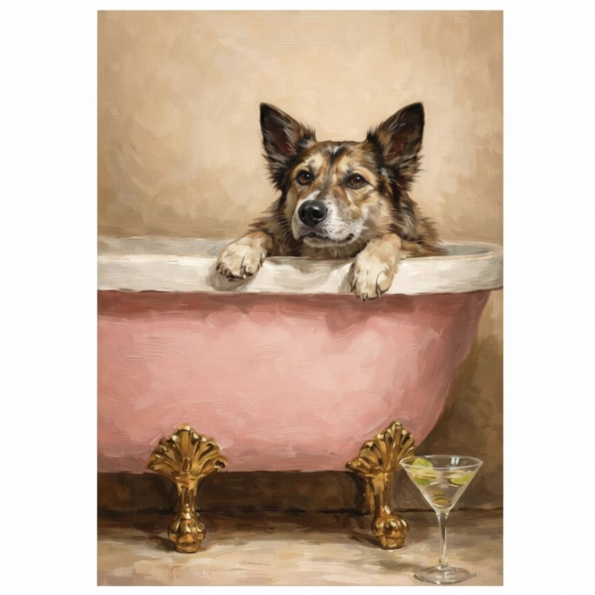 A painting of a dog in a pink bathtub with gold feet, accompanied by a martini glass with olives.