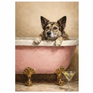 A painting of a dog in a pink bathtub with gold feet, accompanied by a martini glass with olives.