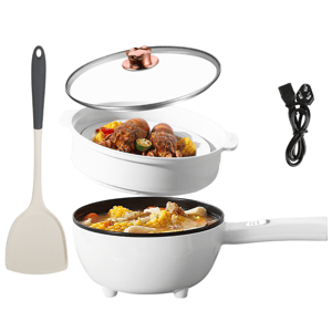 Electric cooking pot with glass lid, plastic spatula, and power cord, featuring a steaming tray for food preparation.
