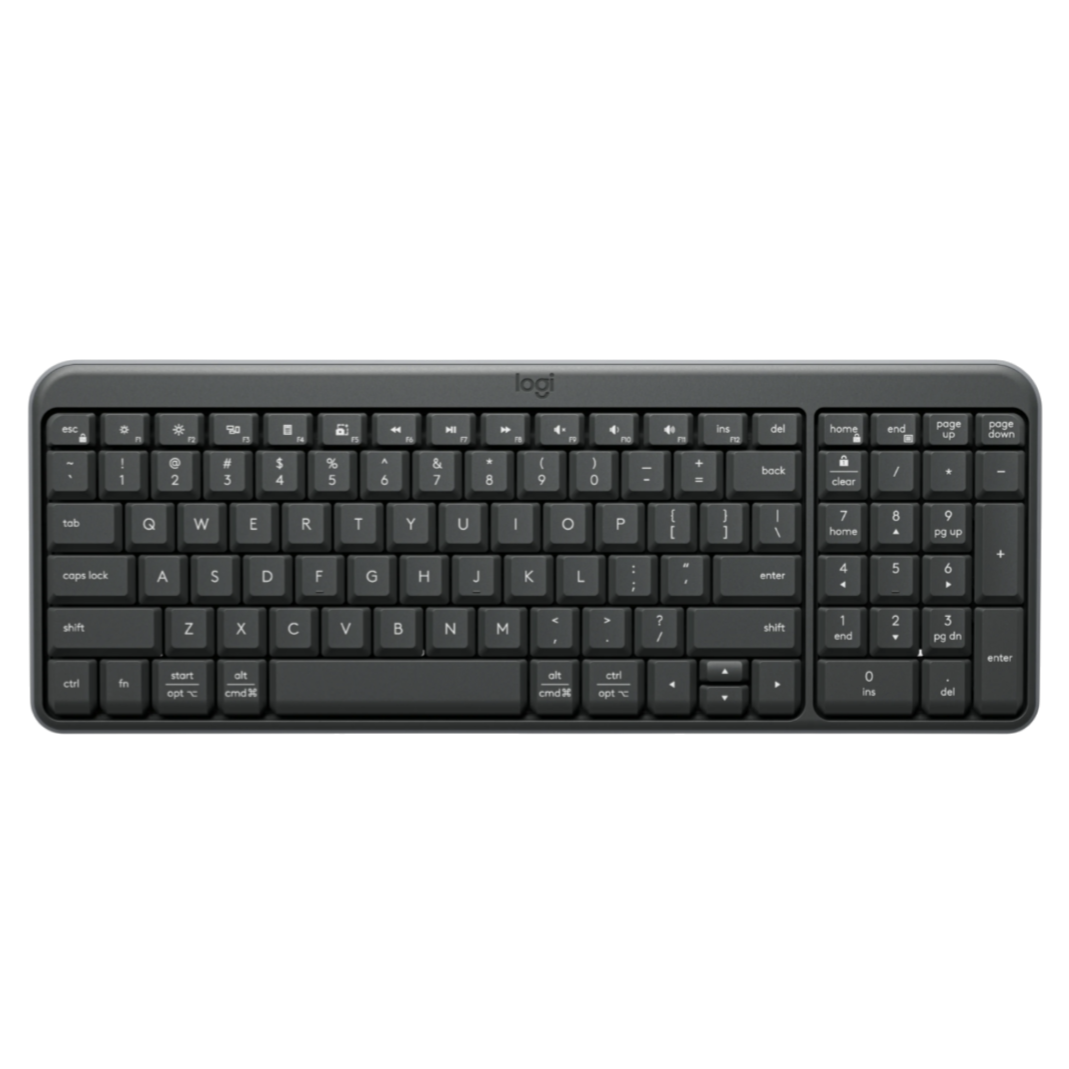 A compact wireless keyboard with a full layout including a numeric keypad, designed by Logitech.