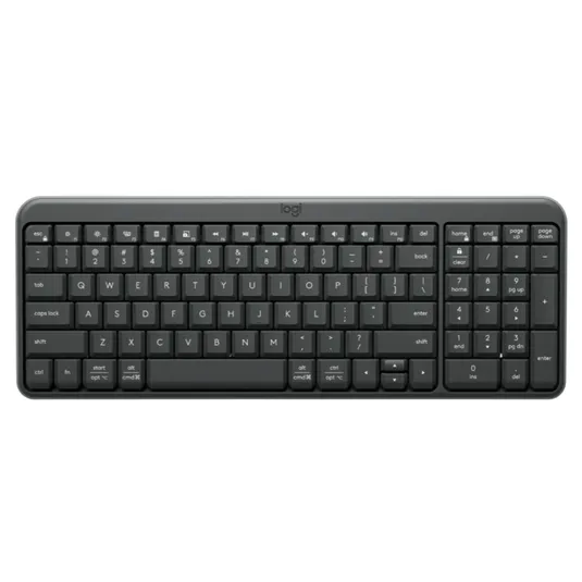 A compact wireless keyboard with a full layout including a numeric keypad, designed by Logitech.