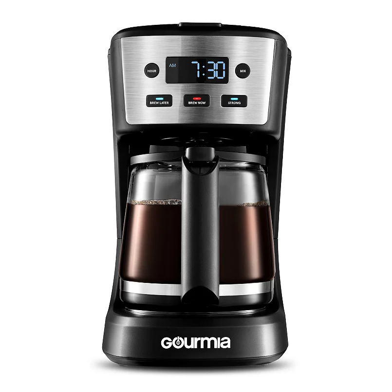 Gourmia 12-Cup Coffee Maker features a digital display, programmable settings, brew strength control, and a glass carafe, designed for convenience and efficient brewing.