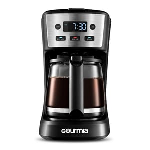 Gourmia 12-Cup Coffee Maker features a digital display, programmable settings, brew strength control, and a glass carafe, designed for convenience and efficient brewing.