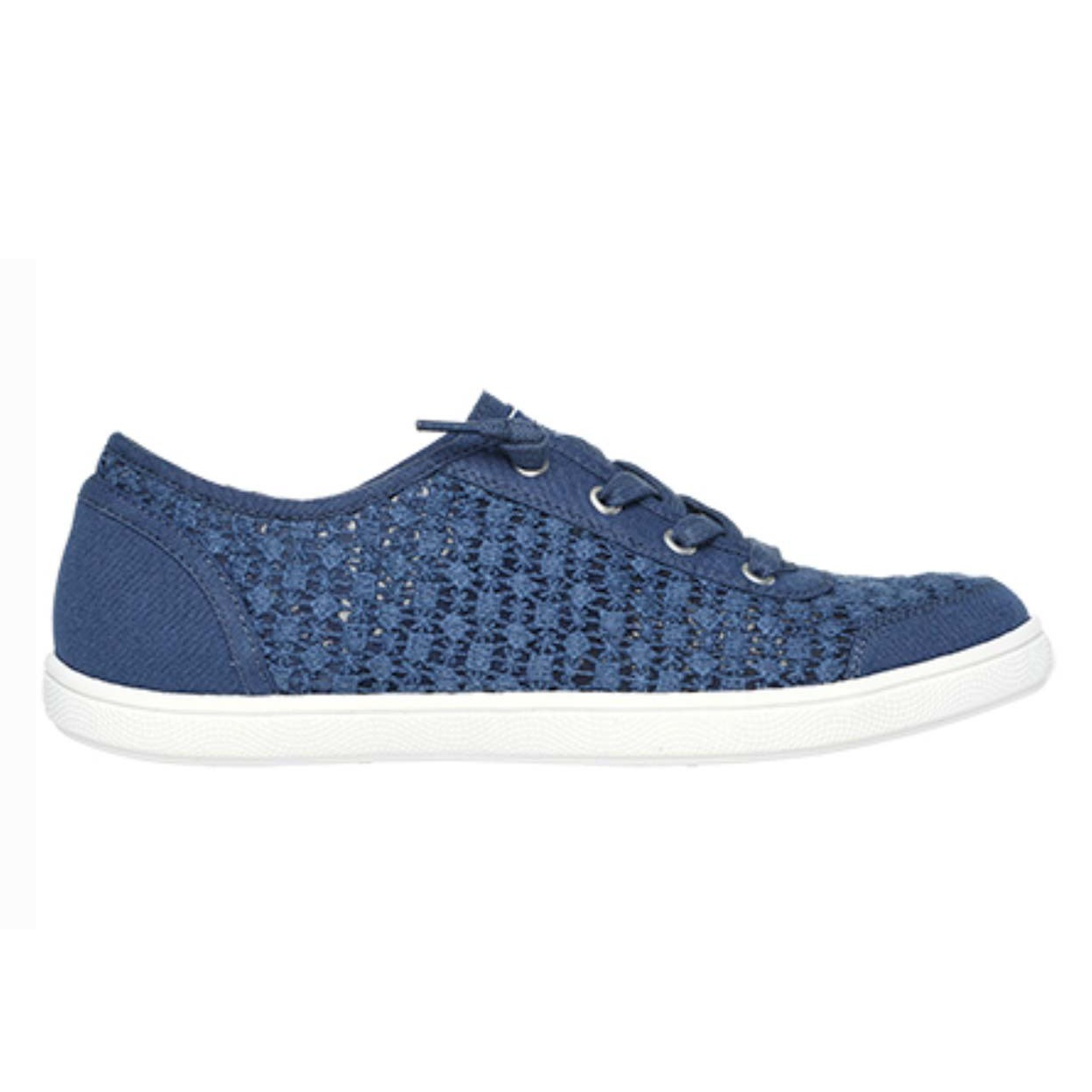 Navy blue Skechers Bobs sneakers featuring a crochet design on the sides, canvas material, lace-up closure, and a white rubber sole.