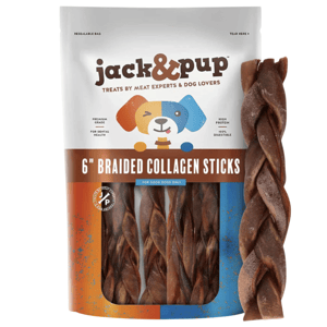 Jack & Pup 6\“ braided collagen sticks for dogs come in a resealable bag, promoting dental health and providing high protein, fully digestible treats.