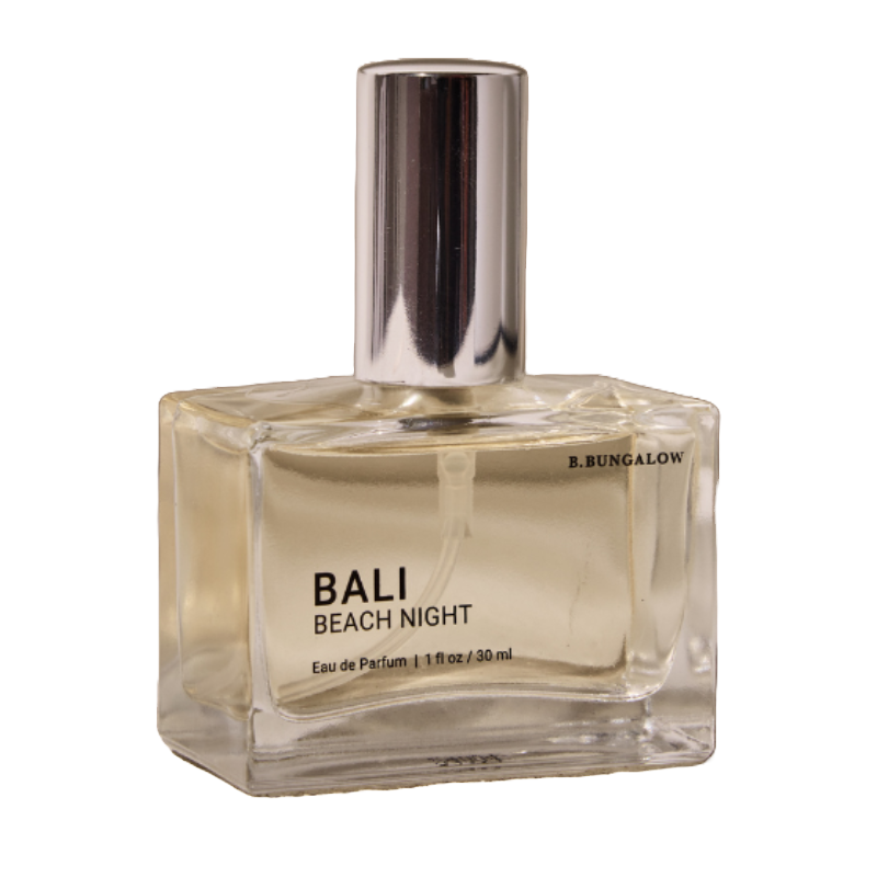 BALI Beach Night Eau de Parfum by B.Bungalow, 1 fl oz (30 ml) with a sleek rectangular glass bottle and silver cap.