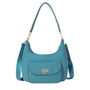 Turquoise shoulder bag with a detachable strap, front flap pocket with a clasp, and a zipper pocket.