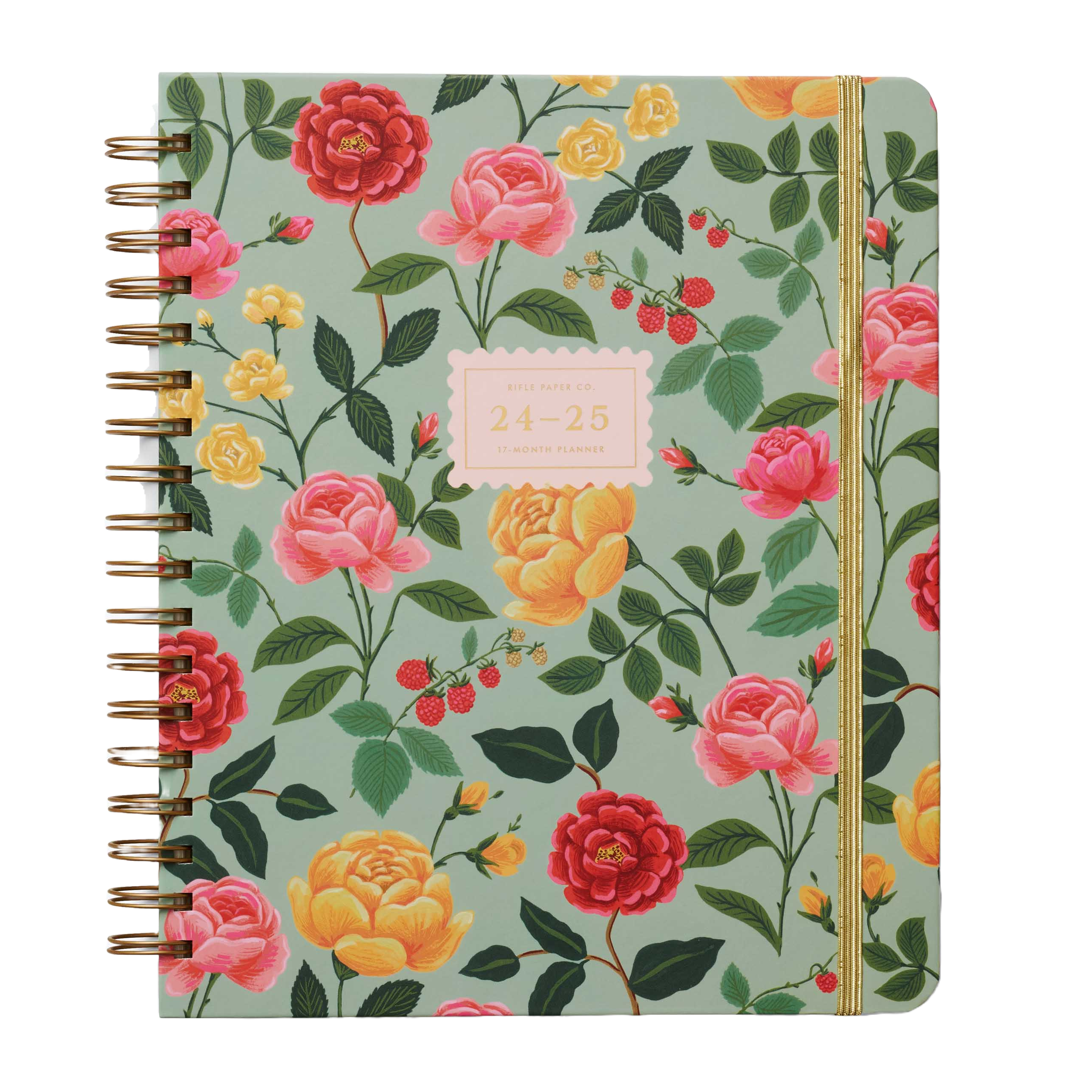 Floral-patterned 24-25 planner with a gold spiral binding and elastic closure, featuring red, pink, and yellow flowers on a light green background.