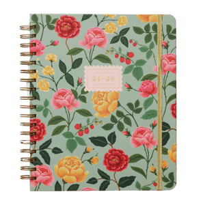 Floral-patterned 24-25 planner with a gold spiral binding and elastic closure, featuring red, pink, and yellow flowers on a light green background.